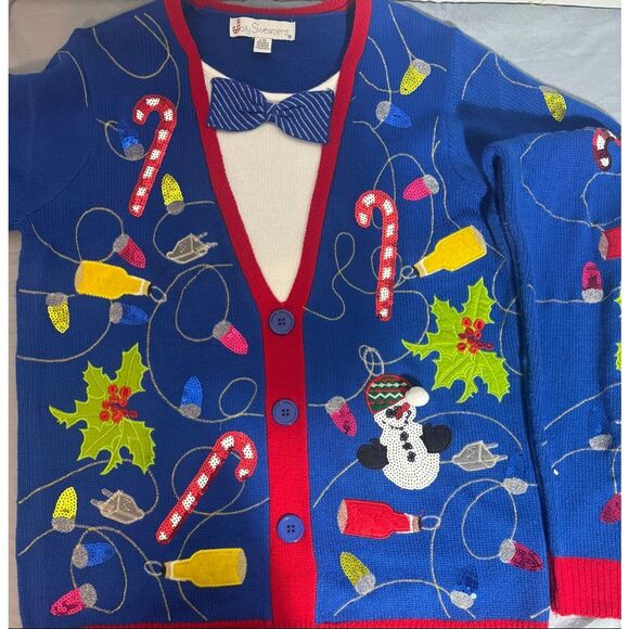Jolly Sweaters Christmas Sweater Tie Holiday Party Beer Blue L Ugly Sweater - Picture 2 of 6